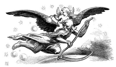 Velho pai Time com sua foice, carregando o ano novo, 1870 de Unbekannt
