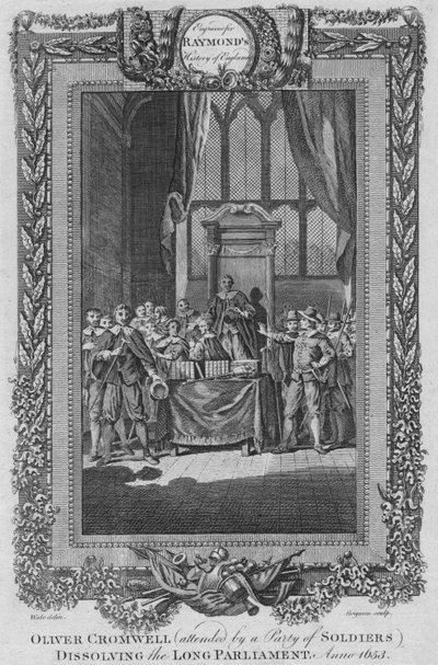 Oliver Cromwell assistiu a uma cidade de soldados dissolvendo o longo parlamento. Anno 1653, c1787 de Unbekannt