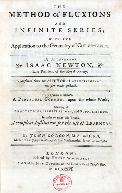 Página de Isaac Newton, "O método dos fluxos e séries infinitas" (1642-1727), publicado em Londres em 1736, incluindo as principais teorias que influenciaram a ciência em grande medida: o teorema binomial, as três leis universais do movimento e a de Unbekannt