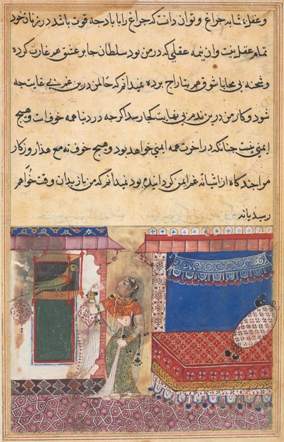 Página de Contos de um papagaio Tuti-nama: Décima oitava noite: O papagaio se dirige ..., c. 1560 de Unbekannt