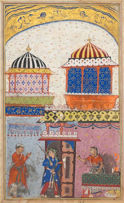 Página de Contos de um papagaio Tuti-nama: Oitava noite: Uma mulher pede que seu amante saia ..., c. 1560 de Unbekannt