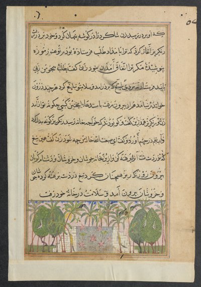Página de Contos de um papagaio Tuti-nama: Oitava noite: Paisagem com uma piscina de lótus, c. 1560 de Unbekannt