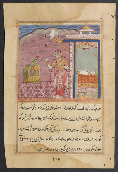 Página de Contos de um papagaio Tuti-nama: Quadragésima quarta noite: O papagaio endereça ..., c. 1560 de Unbekannt