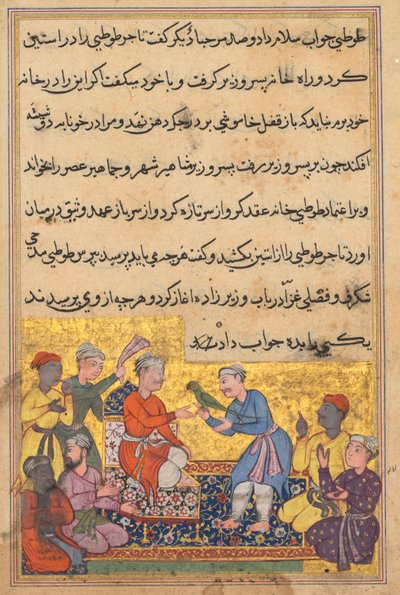 Página de Contos de um papagaio Tuti-nama: Décima noite: O papagaio mágico dos mercadores, c. 1560 de Unbekannt