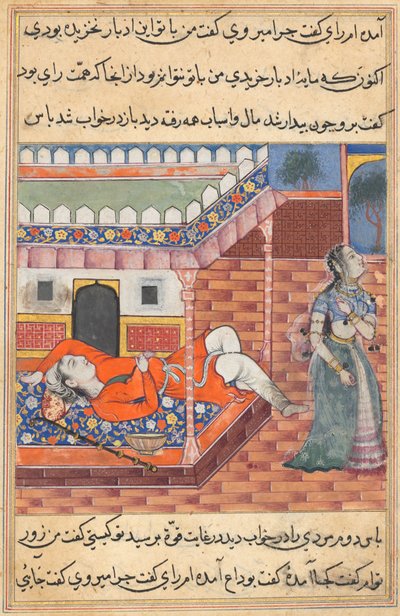 Página de Contos de um papagaio Tuti-nama: Trigésima sexta noite: O rei sonha com uma dama ..., c. 1560 de Unbekannt