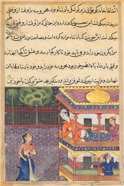 Página de Contos de um papagaio Tuti-nama: Trigésima sexta noite: O rei da Babilônia ..., c. 1560 de Unbekannt