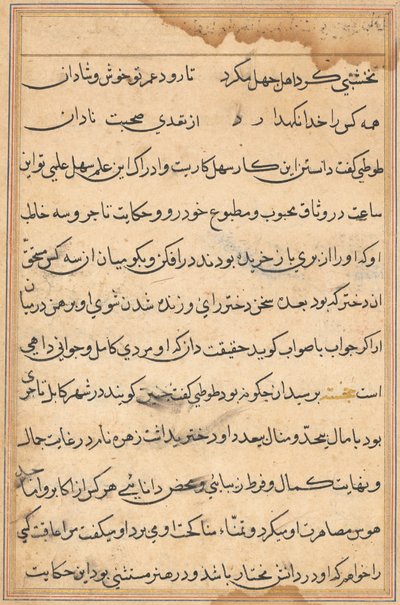 Página de Contos de um Papagaio Tuti-nama: página de texto, c. 1560. de Unbekannt