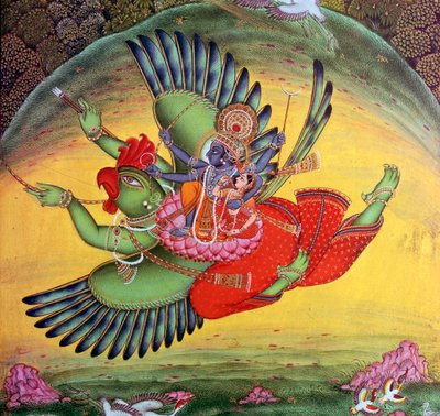 Pintura de Vishnu e sua consorte Lakshmi montando no deus-pássaro Garuda de Unbekannt