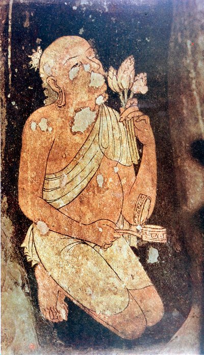 Pintura de um monge budista dos templos da caverna de Ajanta, Índia, século V-VI de Unbekannt
