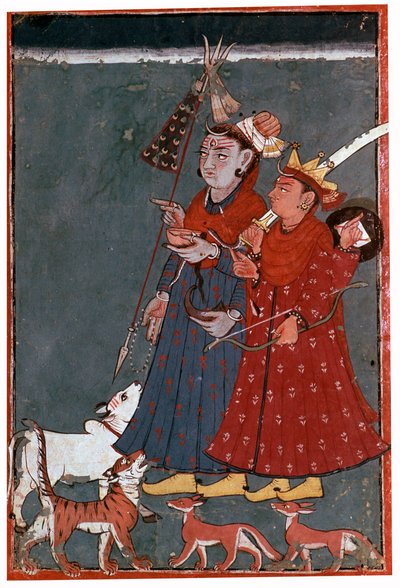 Pintura dos deuses Shiva e Krishna acompanhados por um touro, tigre e chacais de Unbekannt
