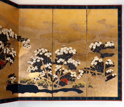 Par de telas com 6 painéis com fundo dourado, período Edo, japonês, 1600-1867 de Unbekannt