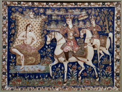 Azulejo persa representando Khusrau vendo Shirin tomar banho, século XIX de Unbekannt