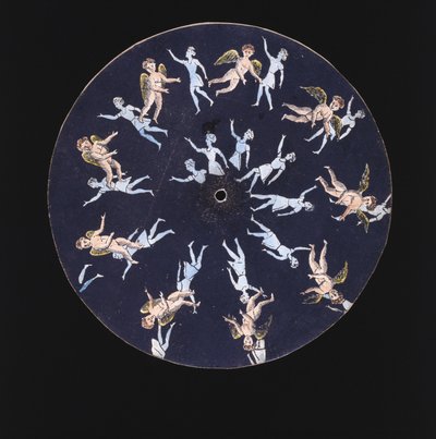 Fenakistiscópio (Fenakistoscópio) disco mostrando um cupido e duas meninas, c 1830 de Unbekannt