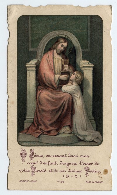 Imagem piedosa: Jesus dá o hospedeiro a uma criança pequena - Imagem dada para uma primeira comunhão em 1931 de Unbekannt