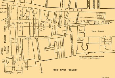Plano de uma porção de Westminster entre 1734 e 1748 - Antes da construção da rua do Parlamento, de Unbekannt