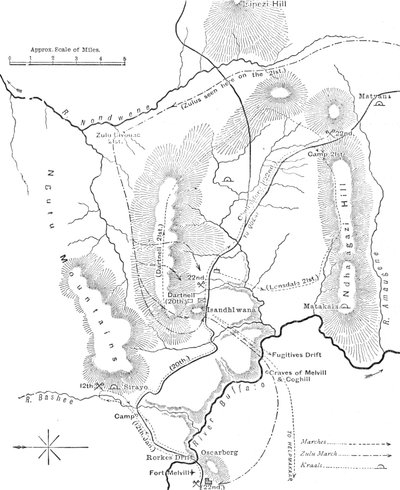 Plano das marchas perto de Isandhlwana entre 12 e 22 de janeiro de 1879, c1880 de Unbekannt