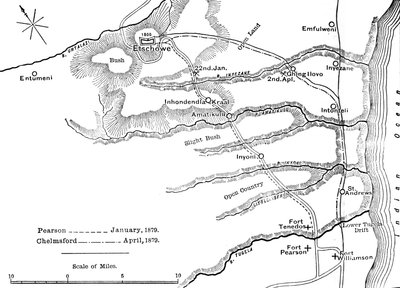 Plano das marchas de Pearson em janeiro de 1879 e de Chelmsford em abril de 1879 para Etschowe, c1880 de Unbekannt