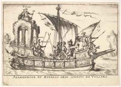 Ilustração 10: Agamenon e Menelau sentados em um barco acompanhado por outras figuras, incluindo V ..., 1664. de Unbekannt