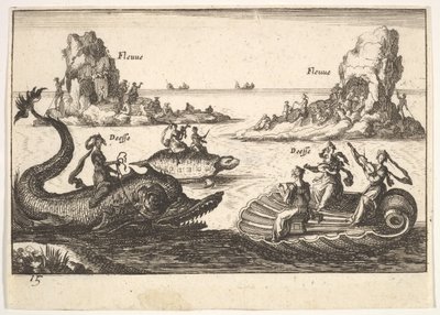 Ilustração 15: Rios e deusas, com ilhas flutuantes guiadas por portadores de mastros, figura feminina ..., 1664. de Unbekannt