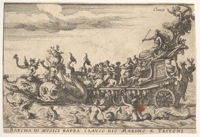 Ilustração 16: Navio de músicos com o deus do mar Claucus e tritões Barcha di musici rapra C ..., 1664. de Unbekannt