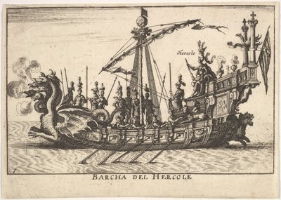 Ilustração 1: Navio de Hércules Barcha del Hercole, com proa com cabeça de dragão e Hércules em pl ..., 1664. de Unbekannt