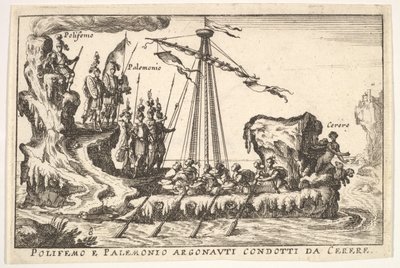 Ilustração 8: Polifemo e Palemonius liderados por Ceres Polifemo e Palemonio Argonauti condotti d ..., 1664. de Unbekannt