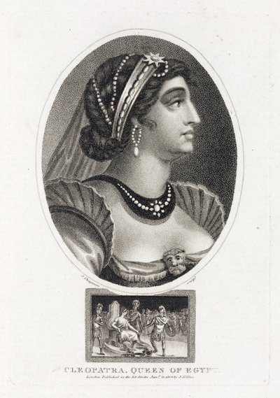Retrato de Cleópatra (Thea Philopator, 69-30 a.C.), com uma cena que retrata a sua ascensão ao trono do Egipto, rodeada de legionários romanos de Unbekannt