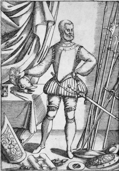 Retrato de Giacomo Di Grassi, mostrando armas cujo uso ele ensinou a seus alunos, 1575, 1936 de Unbekannt