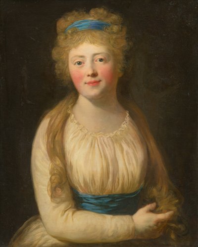 Retrato de uma mulher em roupas pálidas com uma fita azul no cabelo de Unbekannt