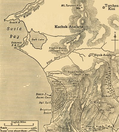 Posições das forças da ANZAC na península de Gallipoli na Turquia, Primeira Guerra Mundial, julho de 1915, c1920. de Unbekannt