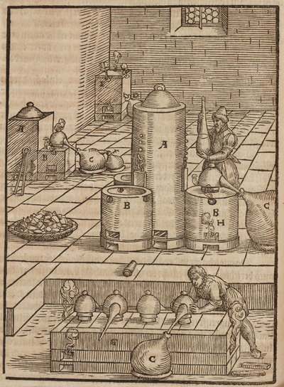 Preparação dos líquidos utilizados para extrair minério de prata do minério de ouro - Gravura tirada de Description des minerais et des principales methodes d