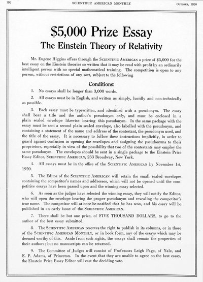 Prêmio oferecido na Scientific American, outubro de 1920, por um ensaio sobre a teoria da relatividade de Einsteins de Unbekannt