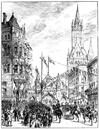 Procissão se aproximando da Câmara Municipal, Manchester, 1887 de Unbekannt