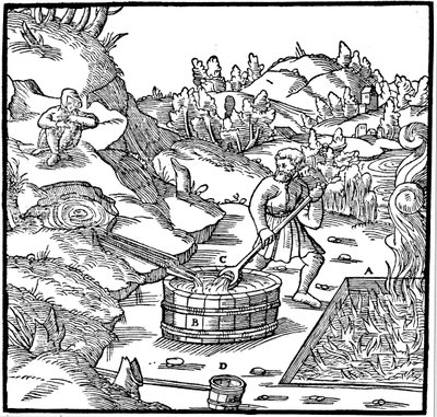Produção de sal por evaporação de salmoura natural, despejando-o em um poço de carvão queimado, 1556 de Unbekannt