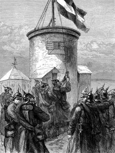 Tropas prussianas içando sua bandeira em Valerien, Guerra Franco-Prussiana, 1870-1871 c1880 de Unbekannt