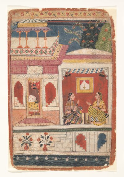 Radha e seu confidente sentam-se em uma sala aberta: Página de um Rasikapriya Disperso, ca. 1680-90. de Unbekannt