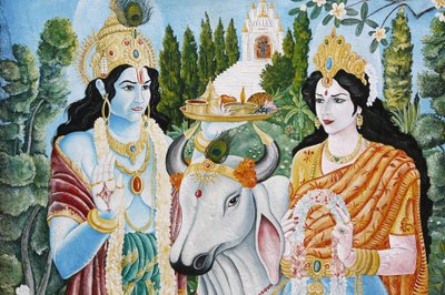 Rama, Sita e a vaca sagrada. Rama é a sétima reencarnação de Vishnu. Pashupatinah, Kathmandu, Nepal. de Unbekannt