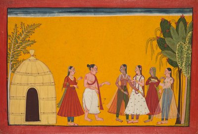 Rama e Sita sendo levados ao sacerdote para fixar a data do casamento, página do Ramayana ..., c1700-17 de Unbekannt