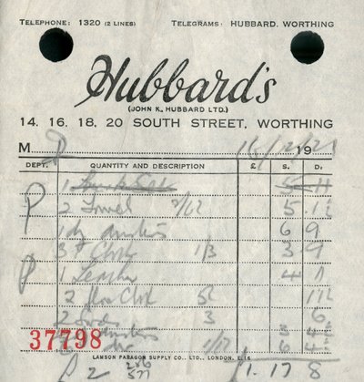 Recibo da loja de departamentos Hubbards, 1921. de Unbekannt