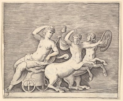 Figura Feminina Reclinada em uma Carruagem desenhada por Dois Centauros, publicada ca. 1599-1622. de Unbekannt