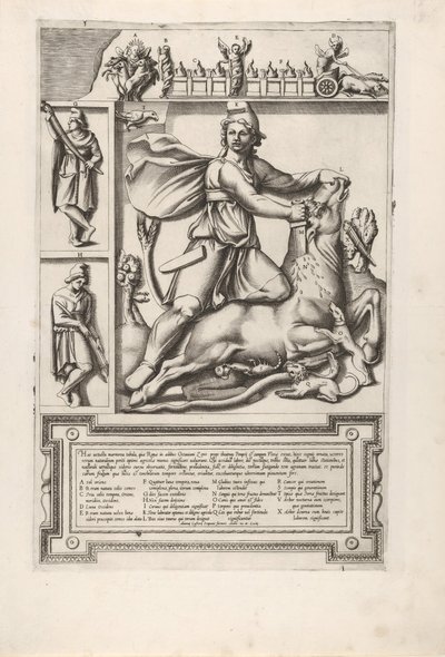 Alívio com Mithras ajoelhado em um touro e enfiando uma espada em seu ombro, à esquerda, tw ..., 1564. de Unbekannt