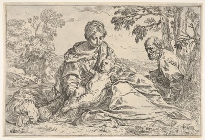 Descanse na fuga para o Egito, Maria segurando o bebê Cristo com São José ..., ca. 1640 ou depois. de Unbekannt