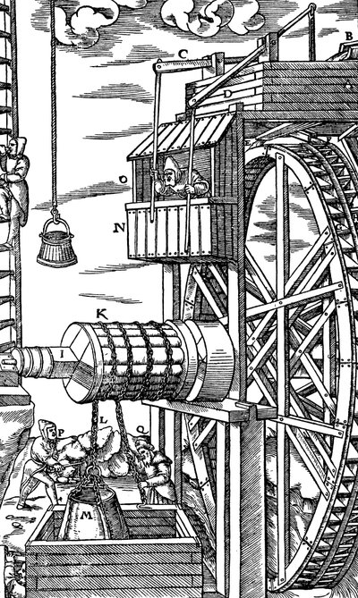 Talha reversível para elevar baldes de couro de um poço de mina, 1556 de Unbekannt