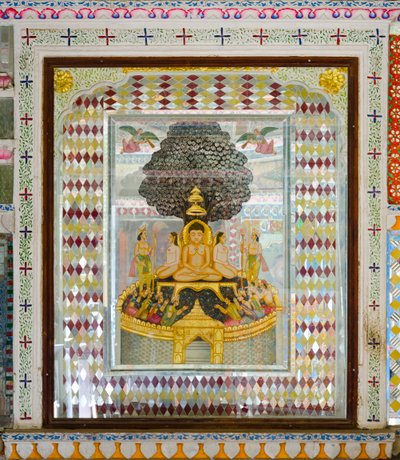 Arte religiosa ricamente decorada numa sala da mansão Patwon ki Haveli do século XIX,
Jaisalmer, Rajasthan, Índia (foto) de Unbekannt