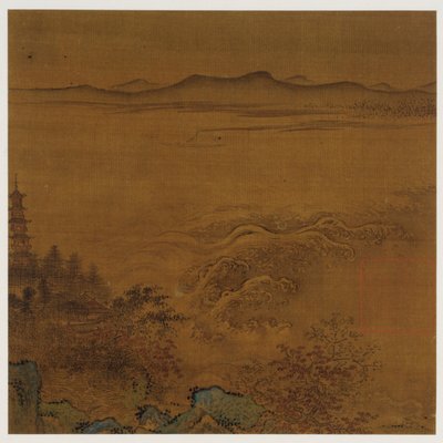 Paisagem do rio: um pagode, corredeiras espumantes, colinas distantes, dinastia Ming, 1368-1644. de Unbekannt