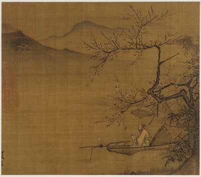 Paisagem do rio: um homem lendo em um barco ancorado sob uma árvore em flor, dinastia Ming,1368-1644. de Unbekannt
