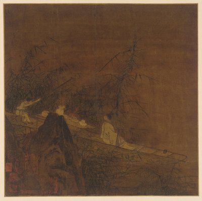 Cena do rio: um barco entre bambu selvagem, dinastia Ming, 1368-1644. de Unbekannt