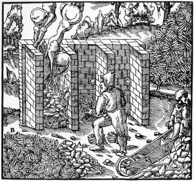 Torrefação de minério de cobre em um forno em C, 1556 de Unbekannt