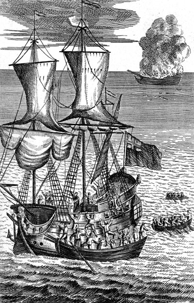 Robinson Crusoe salva a tripulação de um navio em chamas no mar, c1719 de Unbekannt