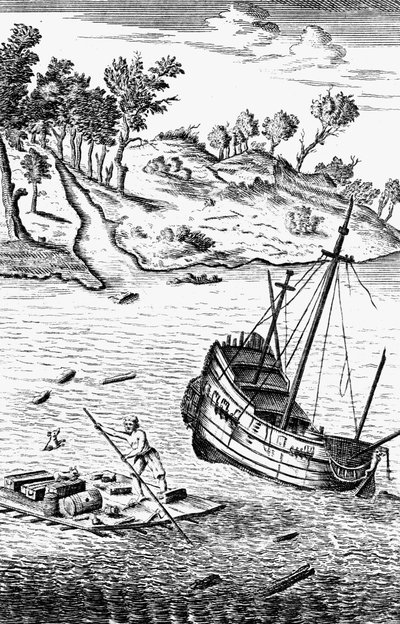 Robinson Crusoe salvando seus bens dos destroços do navio, c1719 de Unbekannt